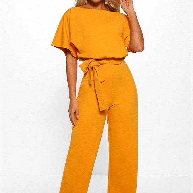 Women's Fashion Belted Short-Sleeved Loose Fit Women's Jumpsuit - Clothing Personality