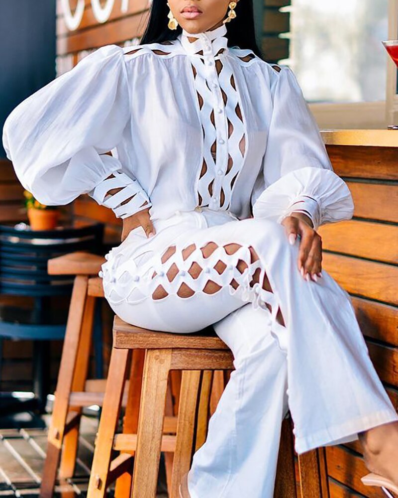 Women's Lattice Hollow Out All White Two-Piece Lace Shirt White Long Sleeve Solid Color Blouse And Pants - Clothing Personality