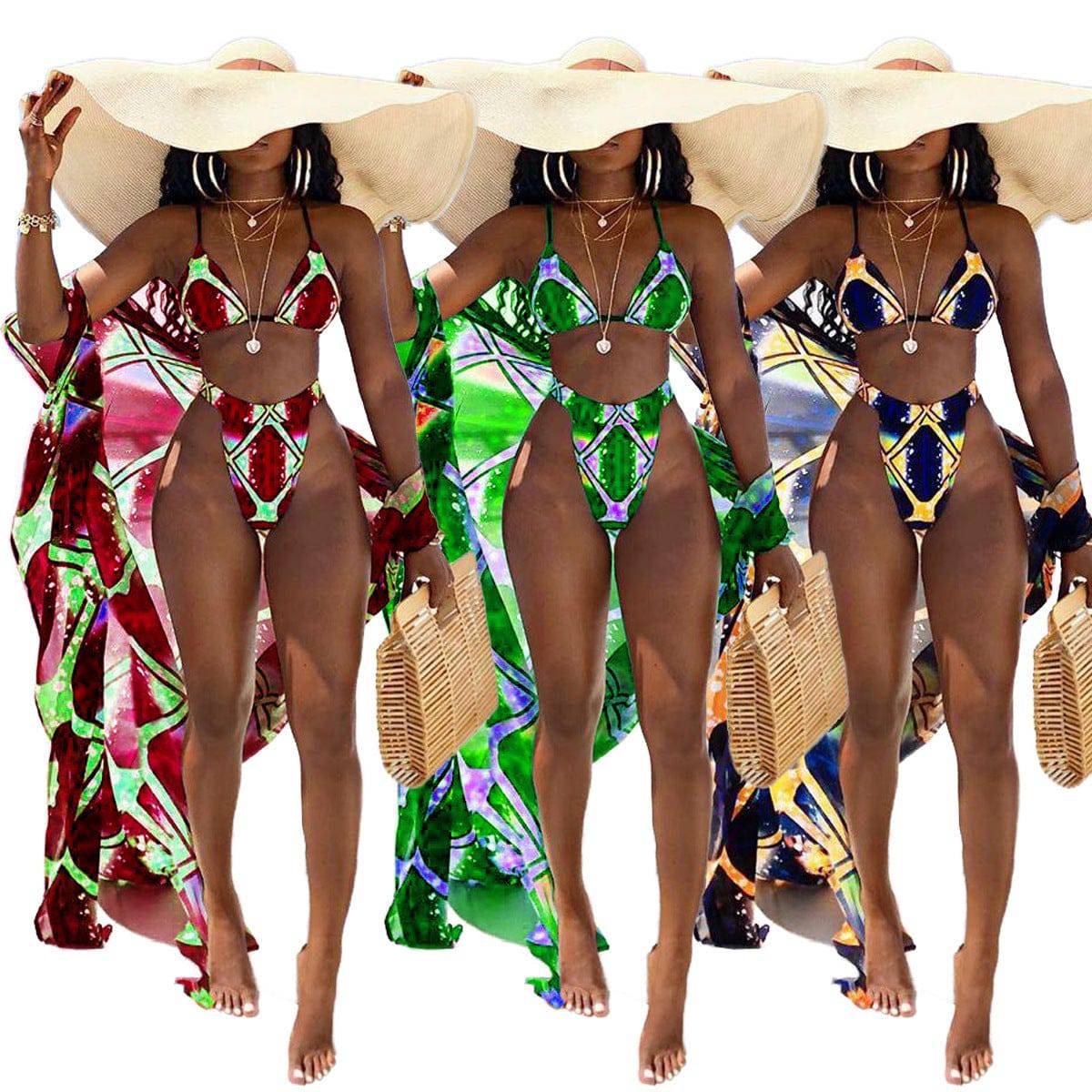 Women's High Waist Three-Piece 3-Piece Tie-Dye Bikini Set Top and Bottom Swimcover Swimwear Digital Print Cardigan Long Sleeve Blouse Short Sleeve - Clothing Personality