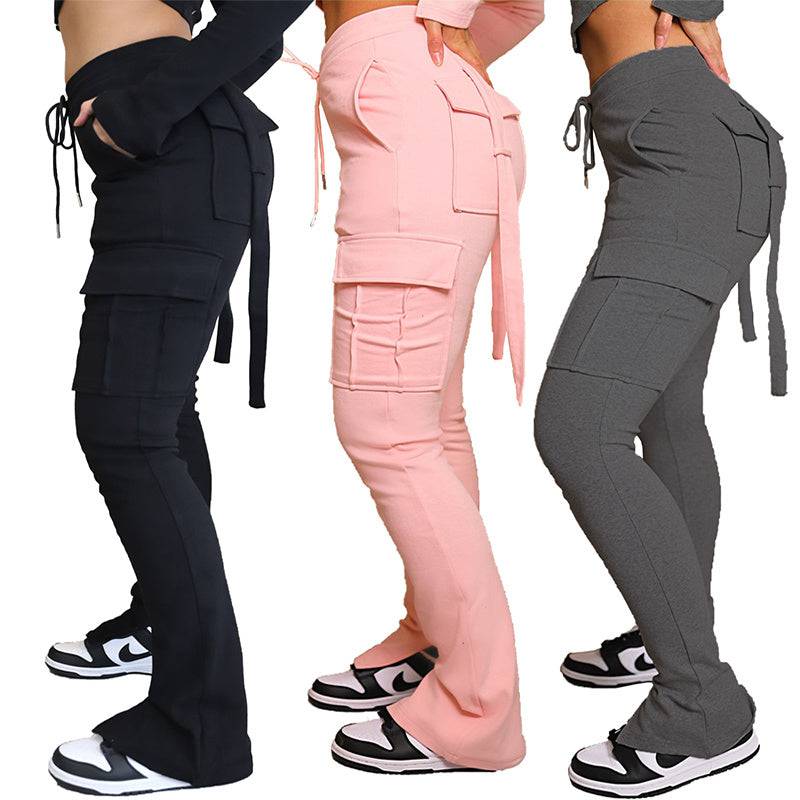 Cargo Pants With Pockets High Waist Drawstring Wide Leg Straight Trousers For Women Overalls - Clothing Personality