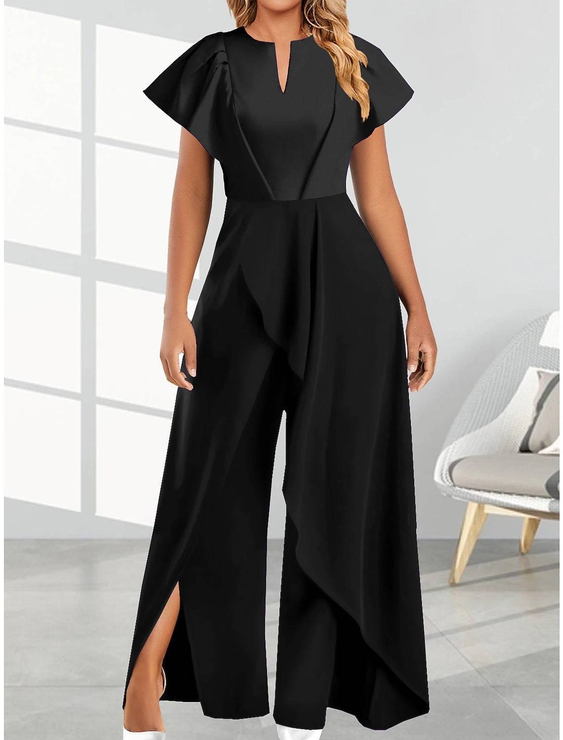 Women's V-neck Split Leg Asymmetrical Flowy Wide-leg Jumpsuit Romper - Clothing Personality