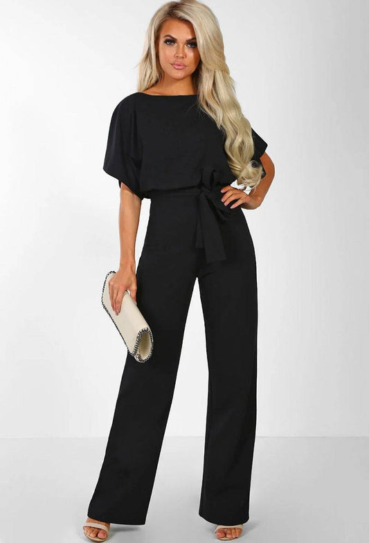 Women's Fashion Belted Short-Sleeved Loose Fit Women's Jumpsuit - Clothing Personality