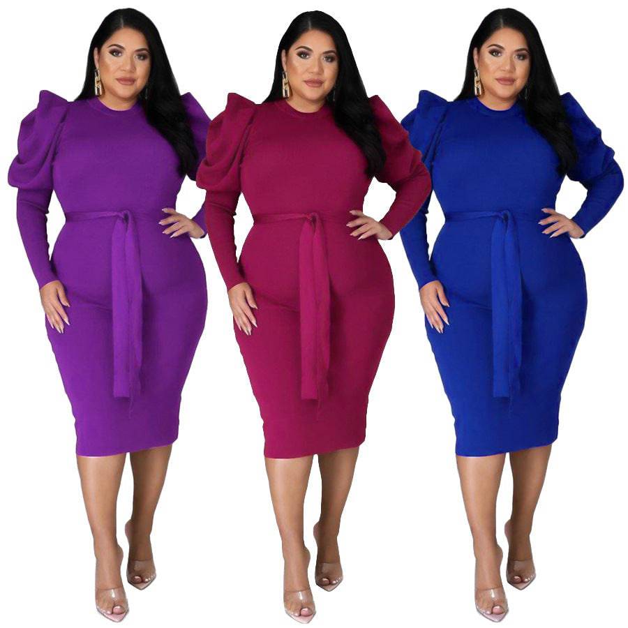 Women's Long Sleeve Belt Slim Fit Plus Size Dress - Clothing Personality