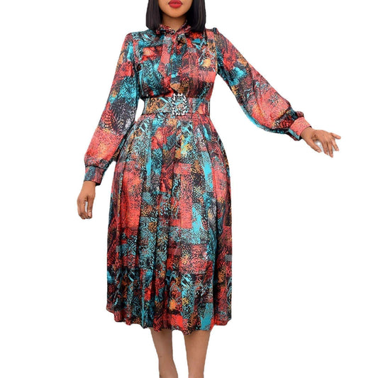 Women's Long Sleeve Skirt High Waist Print Plus Size Banquet Dress - Clothing Personality