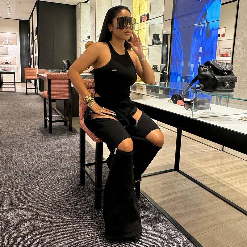 Fashionable Multi-Zipper Pocket Hollow Out Loose Fit Pants Trousers For Women - Clothing Personality