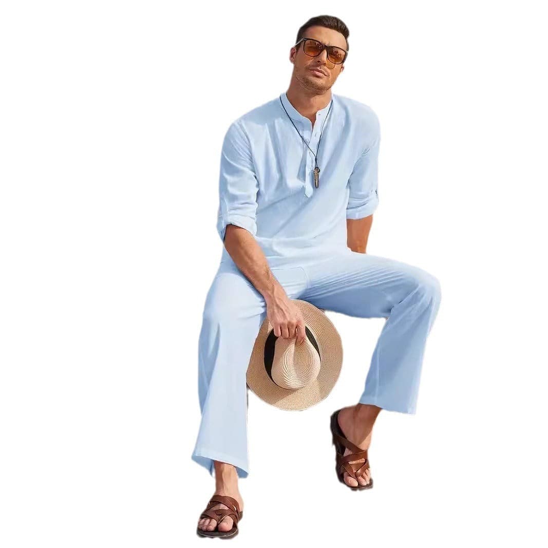 Men's Solid Color Casual Cotton Linen Pants Set Short Sleeve Trousers Blue Suit Clothing Personality