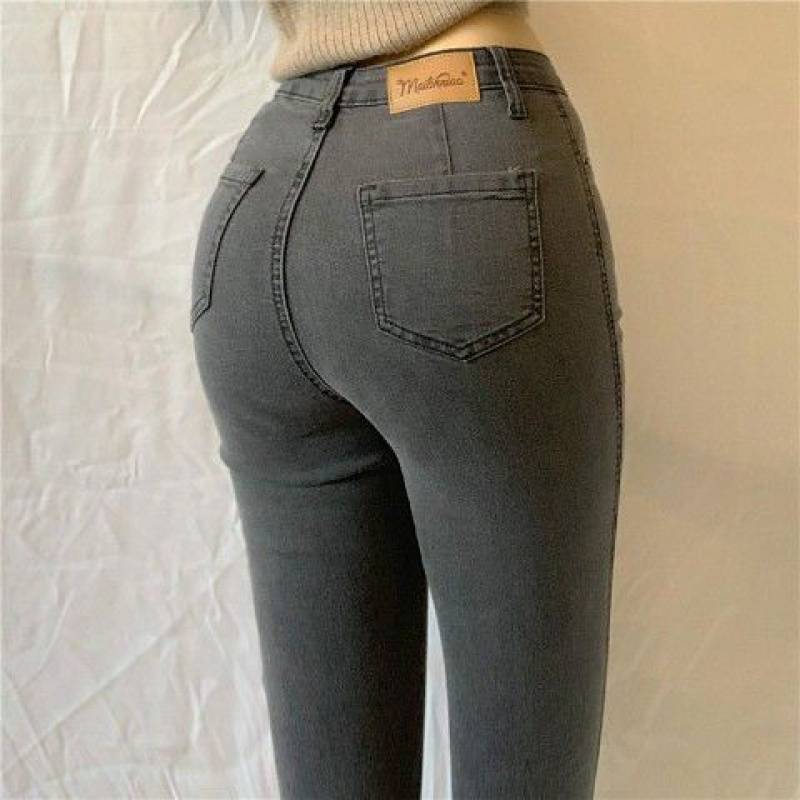 Women's High-Waist Denim Pants Trousers - Stretchy Light Blue Apple Shaped Jeans - Clothing Personality