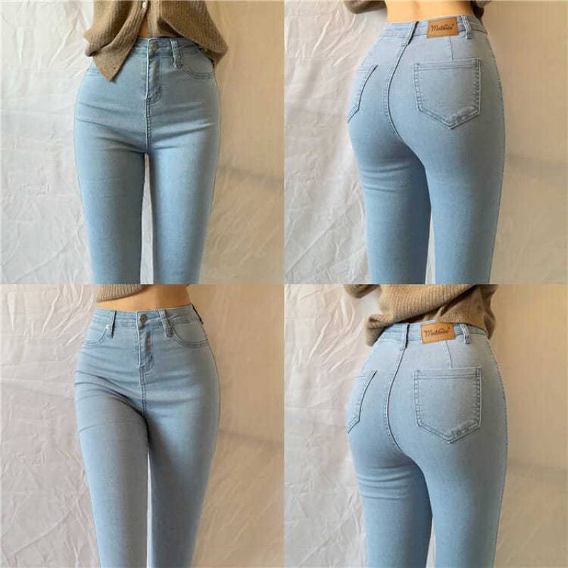 Front view and Back View of High-Waist Denim Trousers in a simple style, made from a denim and cotton blend