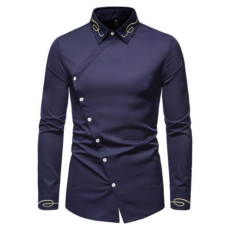 Detailed view of the lapel collar on the Men's Embroidered Asymmetric Buttoned Shirt in Navy Blue