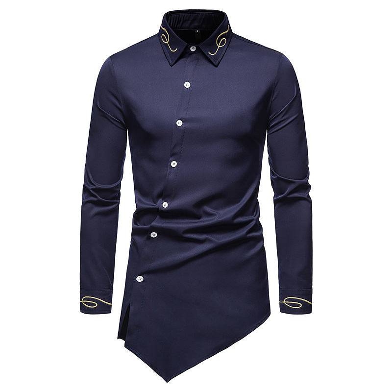 Front view of Men's Embroidered Asymmetric Buttoned Shirt in Navy
Blue with lapel collar
"Close-up of the embroidery design on the Men's Embroide