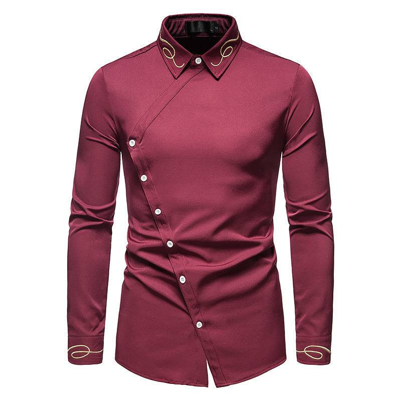 Men's Trend Embroidered Asymmetric Buttoned Long-sleeved Shirt Western Denim Shirt Slim Fit