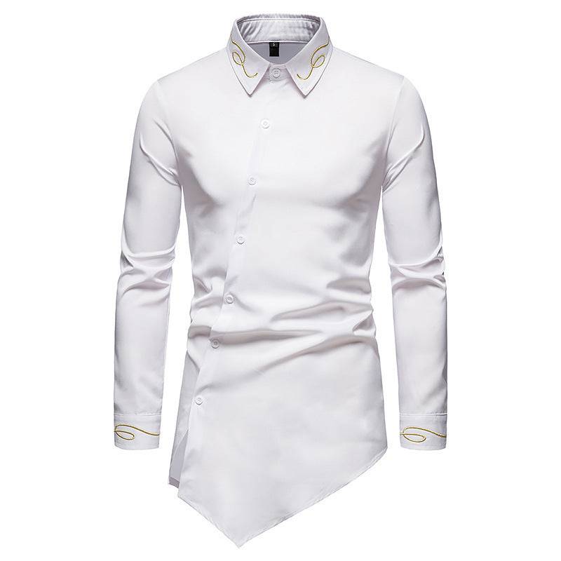Front view of Men's Embroidered Asymmetric Buttoned Shirt in White with lapel collar