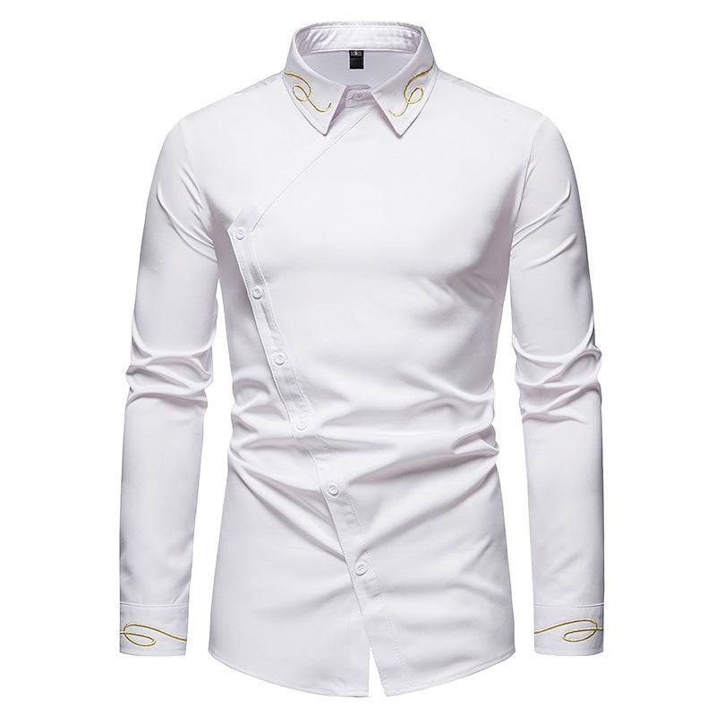 Men's Trend Embroidered Asymmetric Buttoned Long-sleeved Shirt - Clothing Personality