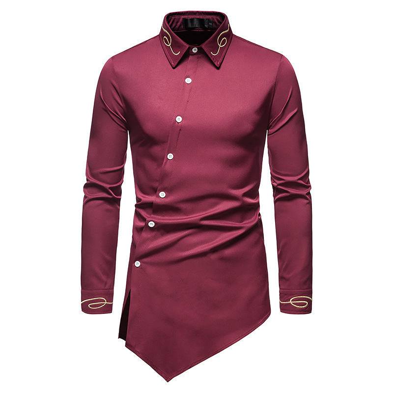 Close-up of the embroidery and cotton blend fabric on the Wine Red Burgundy Shirt