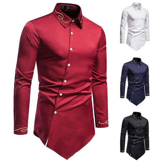 Front view of Men's Slim Fit Embroidered Collar and Sleeve Shirt in Wine Red with lapel collar