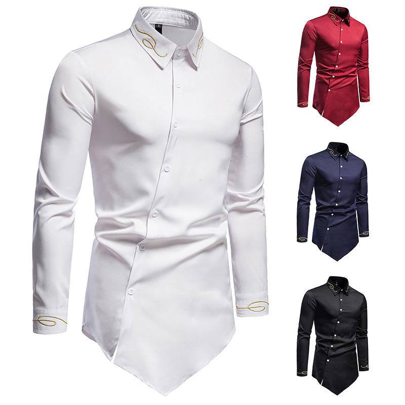 Men's Slim Fit Embroidered Shirt Asymmetical Button Up Shirts