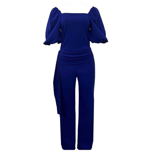 Sophisticated Women's Jumpsuit - Puff Sleeves, Belted Waist, and High Rise