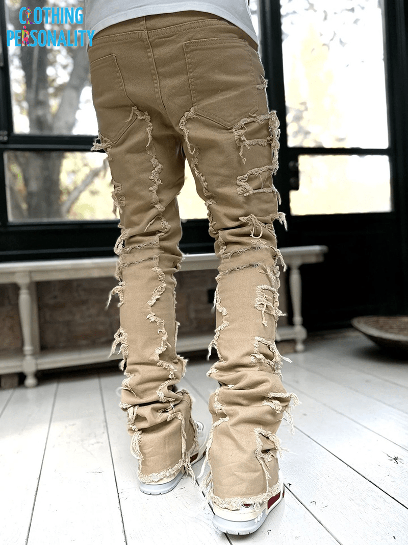 Men's Trousers Individual Patched Pants Long Tight Fit Stacked Jeans for Mens Clothing