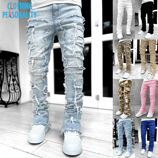 Men's Trousers Individual Patched Pants Long Tight Fit Stacked Jeans for Mens Clothing