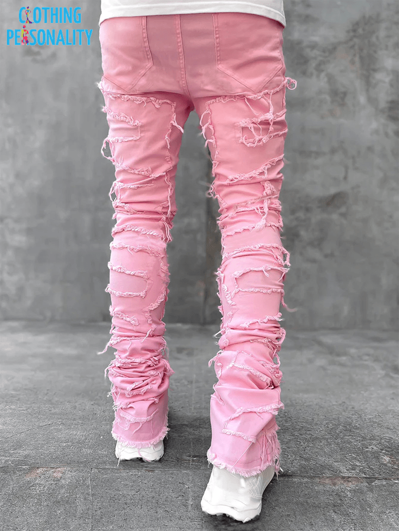 Men's Trousers Individual Patched Pants Long Tight Fit Stacked Jeans for Mens Clothing