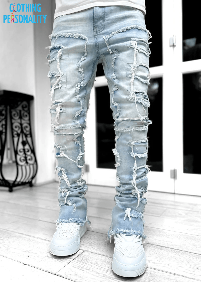 Men's Trousers Individual Patched Pants Long Tight Fit Stacked Jeans for Mens Clothing
