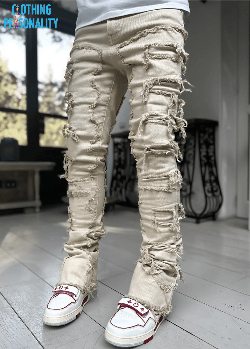 Men's Trousers Individual Patched Pants Long Tight Fit Stacked Jeans for Mens Clothing
