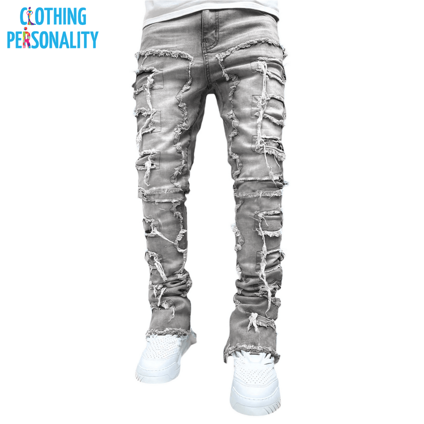 Men's Trousers Individual Patched Pants Long Tight Fit Stacked Jeans for Mens Clothing