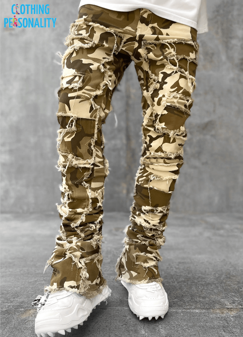 Men's Trousers Individual Patched Pants Long Tight Fit Stacked Jeans for Mens Clothing