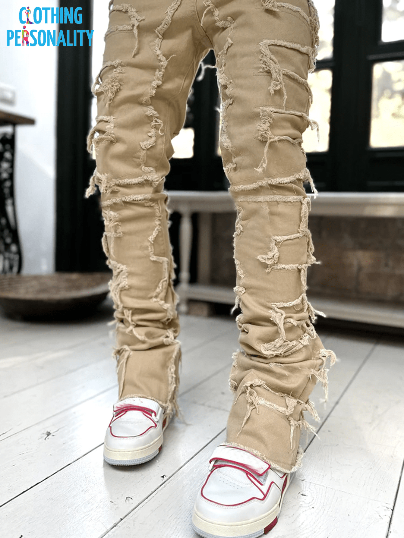 Men's Trousers Individual Patched Pants Long Tight Fit Stacked Jeans for Mens Clothing
