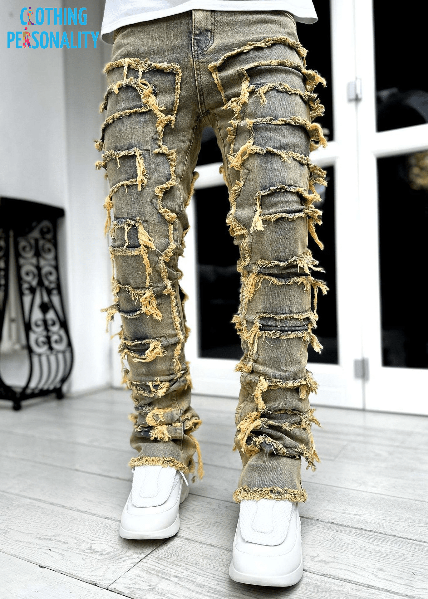 Men's Trousers Individual Patched Pants Long Tight Fit Stacked Jeans for Mens Clothing