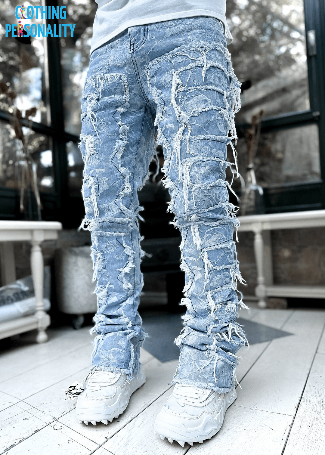 Men's Trousers Individual Patched Pants Long Tight Fit Stacked Jeans for Mens Clothing