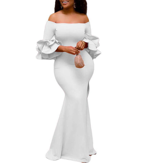 Women's Off-Shoulder Flower Ruffled Sleeve Mermaid Maxi Bodycon Gown Dress Solid Color Evening Dress S-3x Dress White