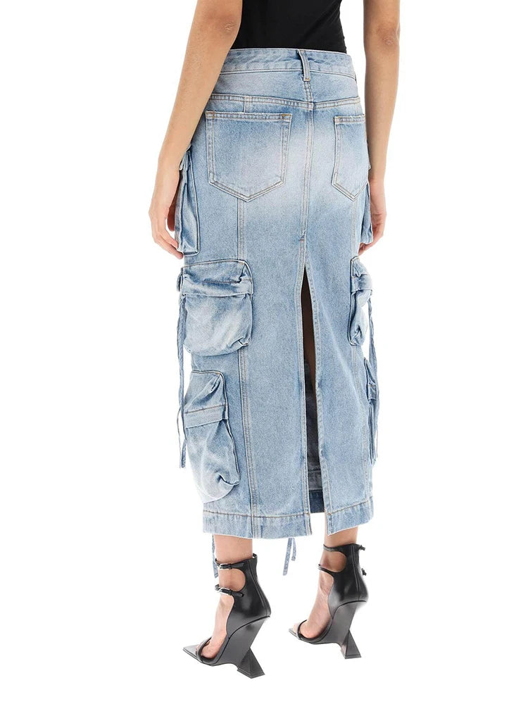 Women's Casual Loose Cargo Style Denim Skirt High Rise High Waist Patchwork Pocket Designer Cargo Skirts Female Fashion New