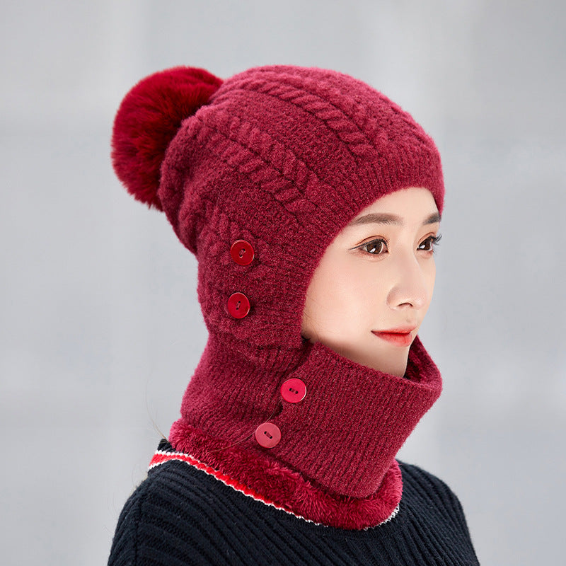 Winter Women's All in One Warm Hat Knitted Neck Scar Mask One Piece Hat Outdoor Cycling Plush Wool Hat