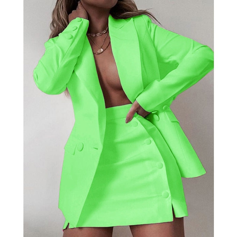 Women's Professional Work Blazer Mini Skirt Solid Color Bold Suit Short Skirt Two-piece Set