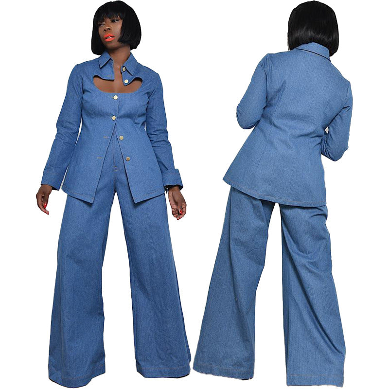 Women's Shirts Hollow Out Faux Denim Outfit Set Top and Pants Two Piece Suit