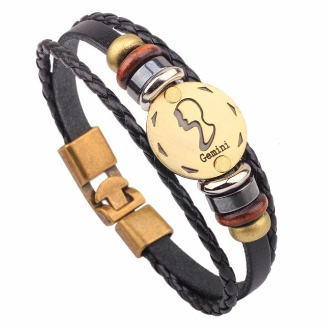 12 Horoscope Leather Bracelet Men Jewelry Vintage Retro Charm Bracelet Male Jewelry 8.2