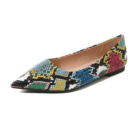 Multicolor Snake Print Pointed Toe Flat Shoes Women Soft Leather Soft Sole