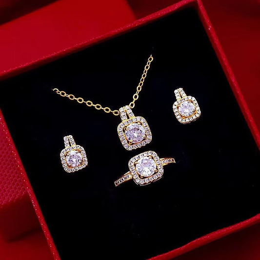Fashion Jewelry Set Zircon Gem Pendant Chain Choker Necklace For Women Gold Color Stud Earring Statement Wedding Ring - Clothing Personality