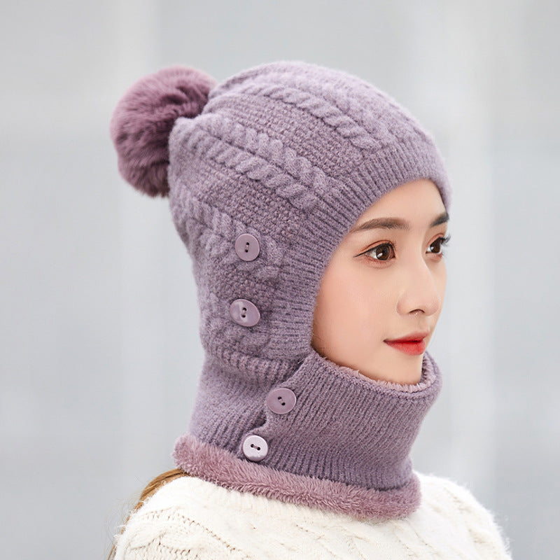 Winter Women's All in One Warm Hat Knitted Neck Scar Mask One Piece Hat Outdoor Cycling Plush Wool Hat