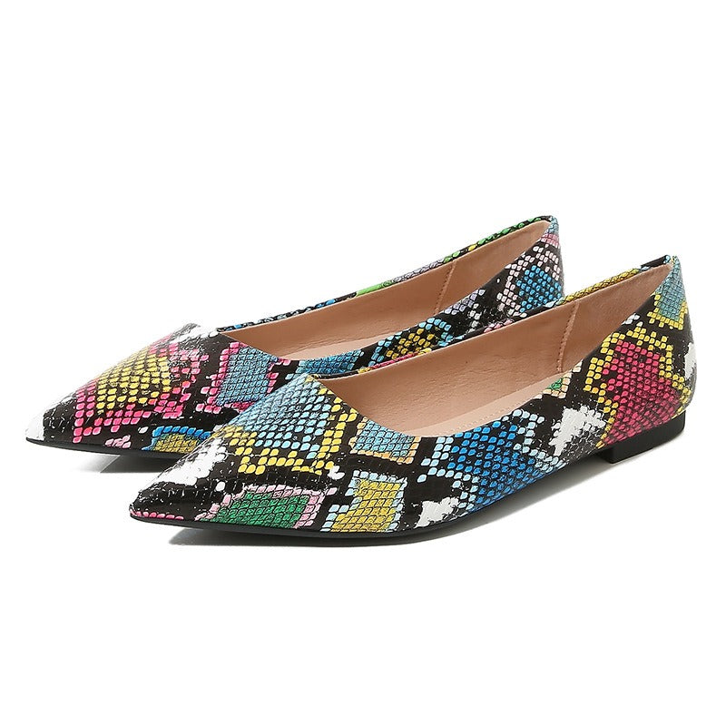 Multicolor Snake Print Pointed Toe Flat Shoes Women Soft Leather Soft Sole