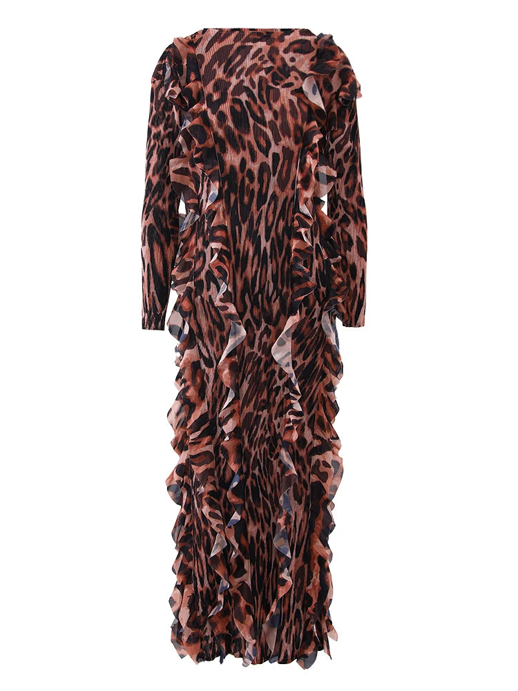 Women's Vintage Leopard Print Pleated Maxi Dress Ruffles Spliced Long Sleeves Maxi Dress Fashion