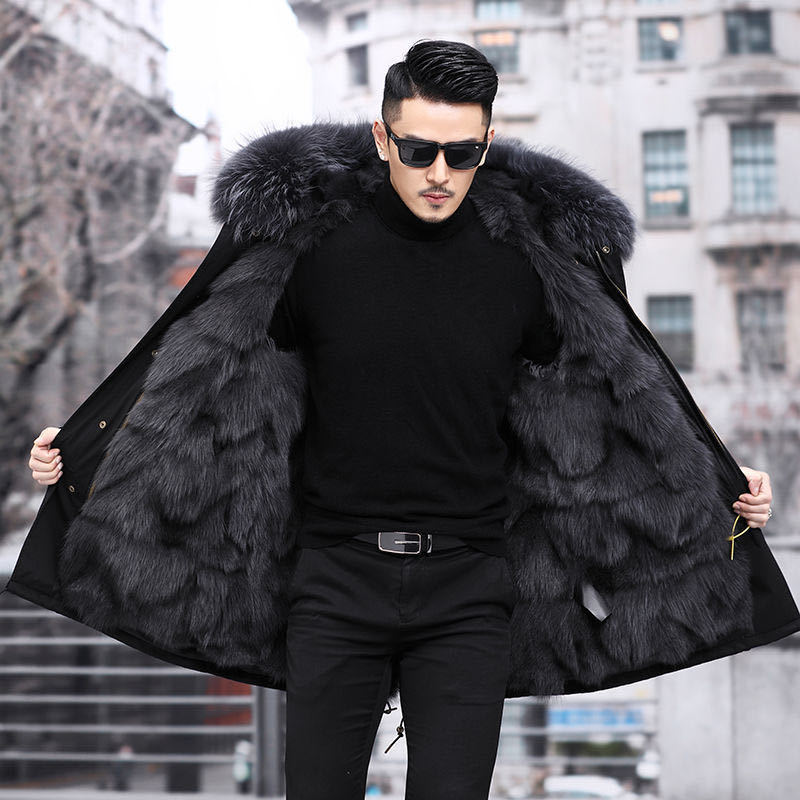 Men's Fur Coat Winter High Quality Fashion With Fur Hooded Lined Thick Warm Parkas Outerwear Mid-length With Long