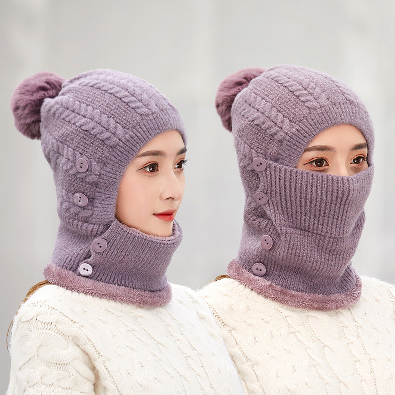 Winter Women's All in One Warm Hat Knitted Neck Scar Mask One Piece Hat Outdoor Cycling Plush Wool Hat