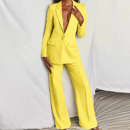 2 Piece Set  Spring Elegant Solid Long Sleeve Blazer Suit And Pants For Women Autumn Classic OL Street Outfit