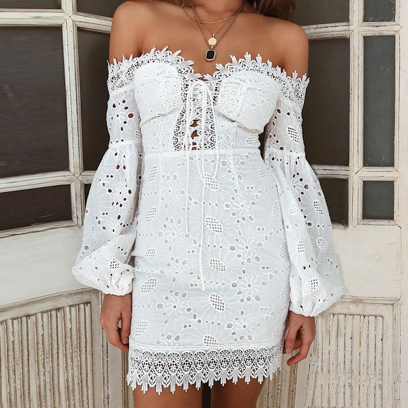 Women's White Off the Shoulder Lace Mini Babydoll Dress - Clothing Personality 