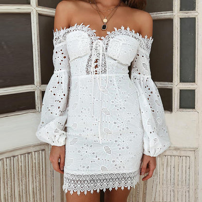 Women's White Off the Shoulder Lace Mini Babydoll Dress - Clothing Personality 