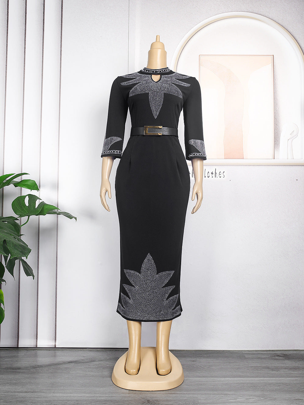 Women's Plus Size Mid-sleeve Beaded Rhinestone Party Dress - Clothing Personality