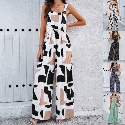 Fashion Print Square Neck Jumpsuit With Pockets Spring Summer Casual Loose Overalls Womens Clothing - Clothing Personality