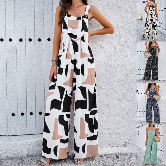 Fashion Print Square Neck Jumpsuit With Pockets Spring Summer Casual Loose Overalls Womens Clothing - Clothing Personality